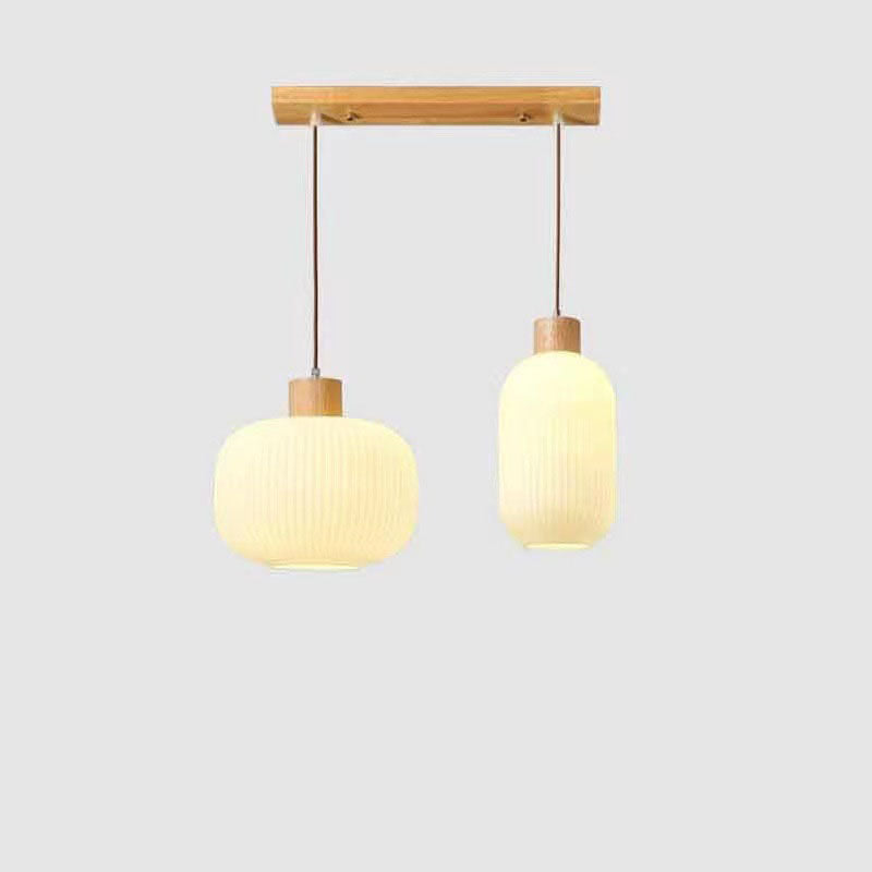 Traditional Japanese Log Solid Wood Strip Glass Jar 1/2/3 Light Island Pendant Light For Living Room