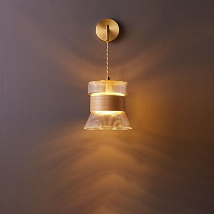 Traditional Japanese Walnut Glass  Copper Cylinder 1-Light Wall Sconce Lamp