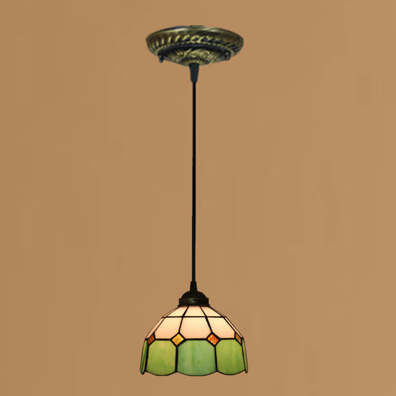 Traditional Tiffany Stained Glass Iron Dome Shade Round 1-Light Pendant Light for Living Room