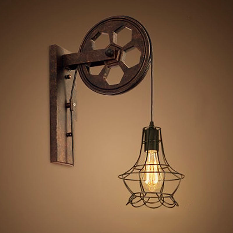 Traditional Vintage Pulley Iron Wood 1-Light Wall Sconce Lamp