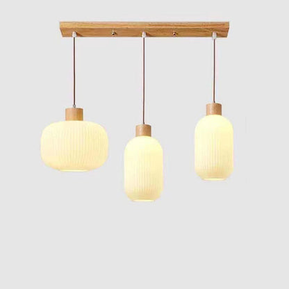 Traditional Japanese Log Solid Wood Strip Glass Jar 1/2/3 Light Island Pendant Light For Living Room
