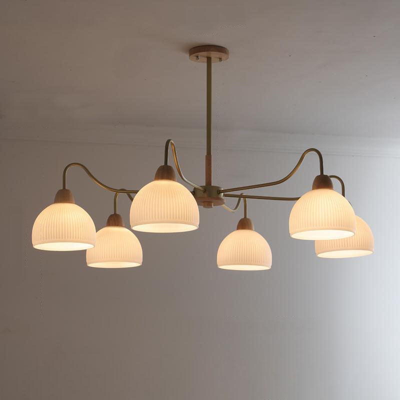 Contemporary Scandinavian Rubberwood Glass Iron Round Curved 3/6/8 Light Chandelier for Living Room