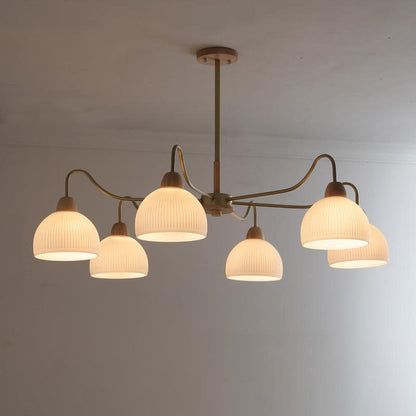 Contemporary Scandinavian Rubberwood Glass Iron Round Curved 3/6/8 Light Chandelier for Living Room