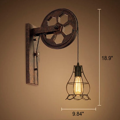Traditional Vintage Pulley Iron Wood 1-Light Wall Sconce Lamp