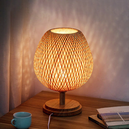 Traditional Chinese Moso Bamboo Wood Iron Weaving Oval Round 1-Light Table Lamp For Bedroom