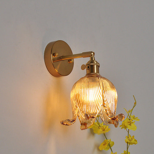 Traditional Vintage Brass Glass Bell Flower 1-Light Wall Sconce Lamp for Living Room