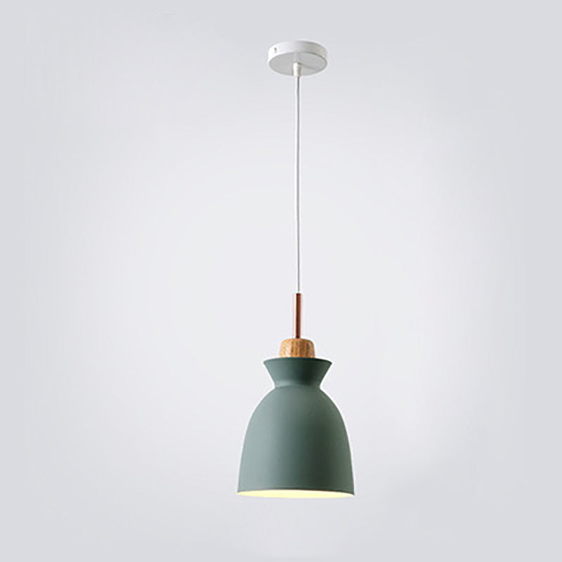 Contemporary Nordic Oak Wood Iron Bell Cone Dome 1-Light Pendant Light For Living Room