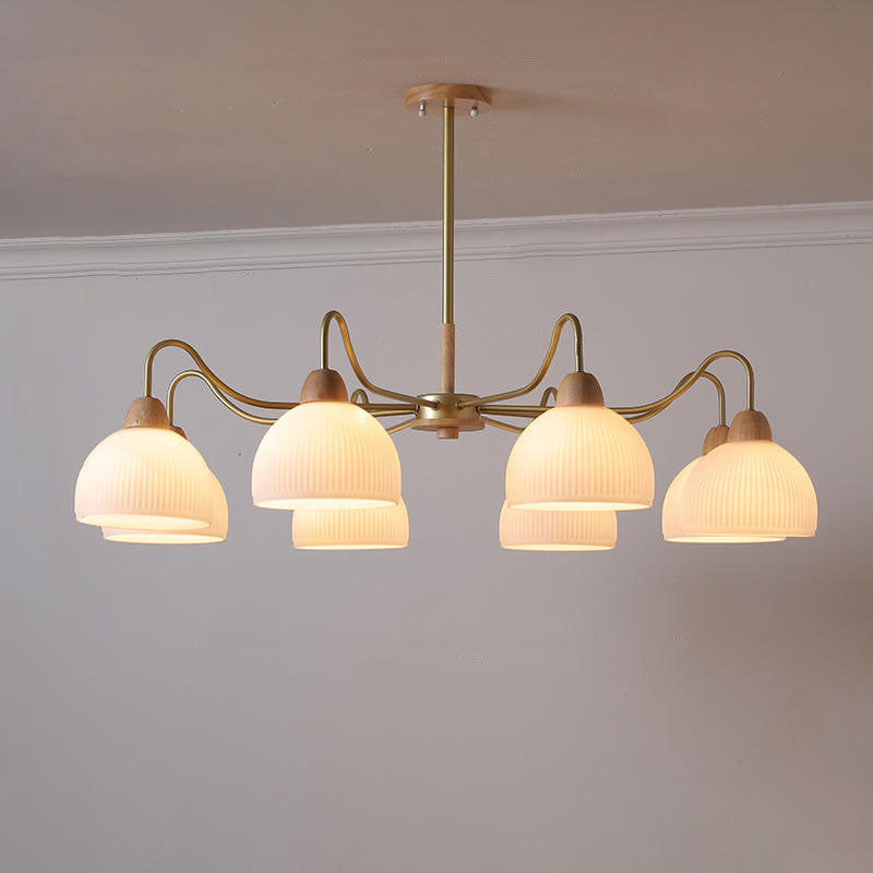 Contemporary Scandinavian Rubberwood Glass Iron Round Curved 3/6/8 Light Chandelier for Living Room