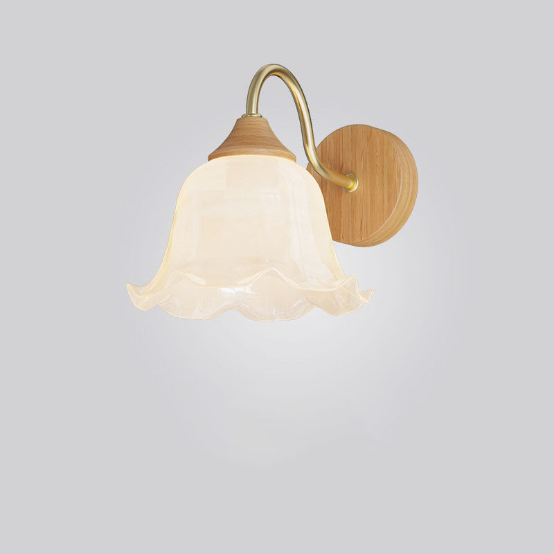 Contemporary Nordic Iron Glass Striped Round Log Wood 1-Light Wall Sconce Lamp For Living Room & Bedroom