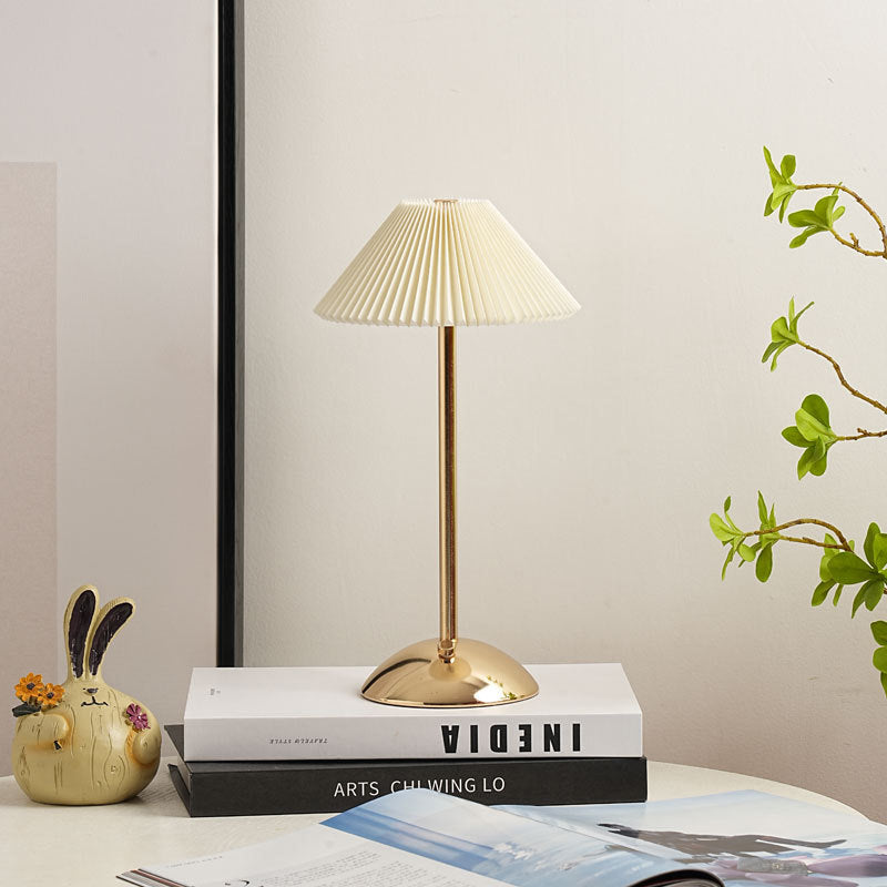 Contemporary Scandinavian Rechargeable Iron Fabric Conic Pleated 1-Light Table Lamp For Bedside