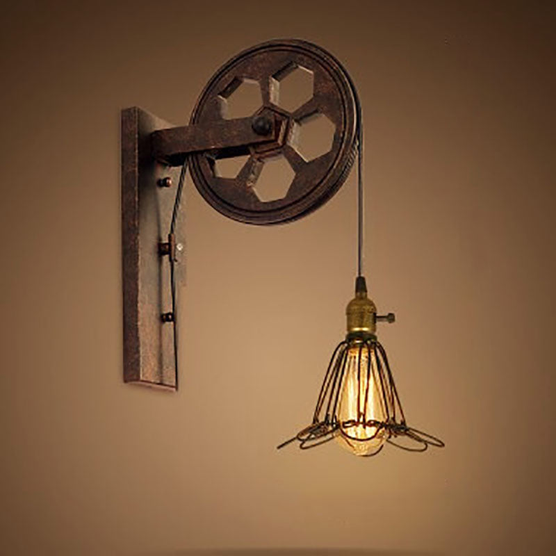 Traditional Vintage Pulley Iron Wood 1-Light Wall Sconce Lamp