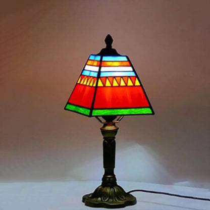 Traditional Tiffany Square Stained Glass Iron 1-Light Table Lamp For Bedroom