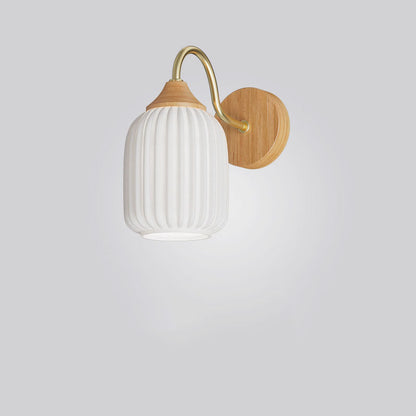 Contemporary Nordic Iron Glass Striped Round Log Wood 1-Light Wall Sconce Lamp For Living Room & Bedroom