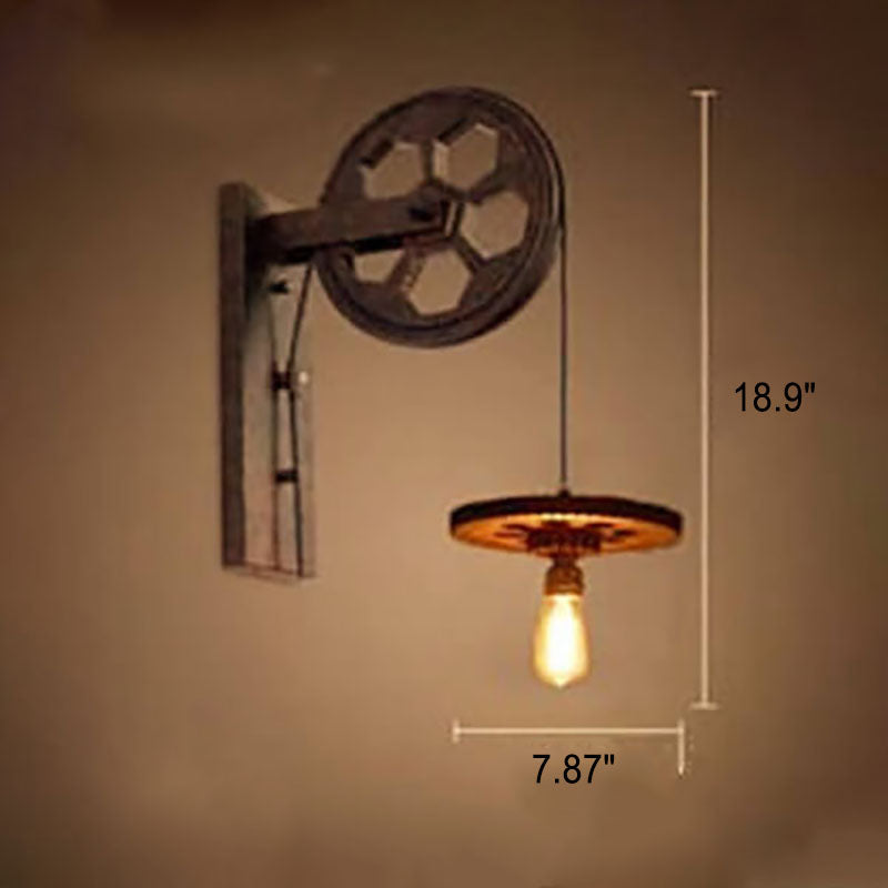 Traditional Vintage Pulley Iron Wood 1-Light Wall Sconce Lamp