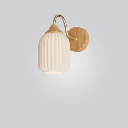 Contemporary Nordic Iron Glass Striped Round Log Wood 1-Light Wall Sconce Lamp For Living Room & Bedroom