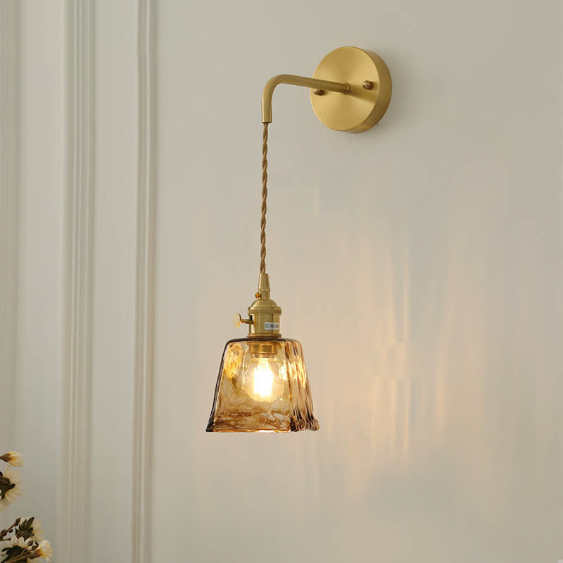 Modern Eclectic Amber Brass Glass Geometric Jar 1-Light Wall Sconce Lamp For Living Room