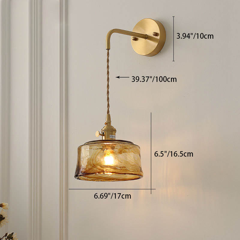 Modern Eclectic Amber Brass Glass Geometric Jar 1-Light Wall Sconce Lamp For Living Room