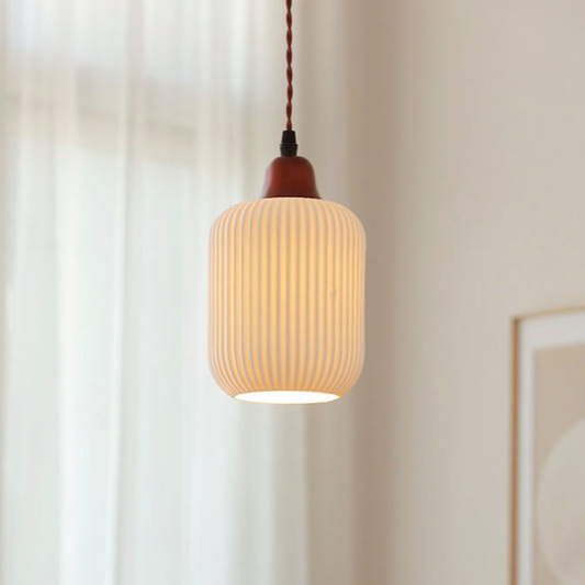 Traditional Japanese Pleated Round Dome Ceramic Solid Wood Iron 1-Light Pendant Light For Living Room & Bedroom