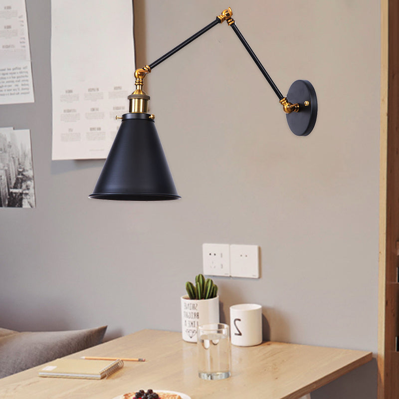 Contemporary Industrial Aluminum Zinc Iron Cone Swing Arm 1-Light Wall Sconce Lamp For Living Room & Bedroom
