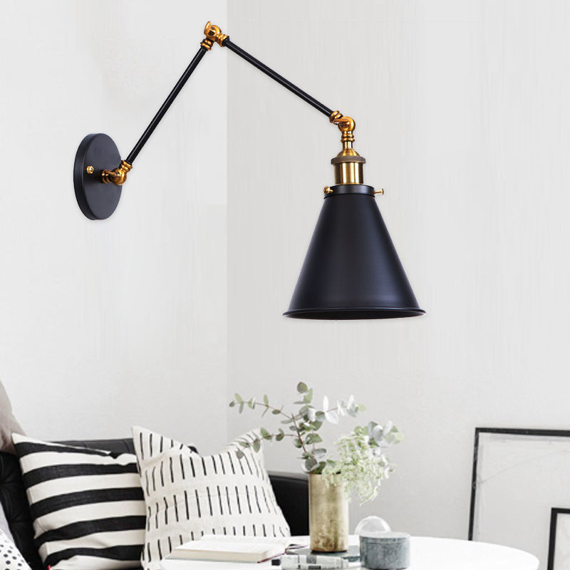 Contemporary Industrial Aluminum Zinc Iron Cone Swing Arm 1-Light Wall Sconce Lamp For Living Room & Bedroom